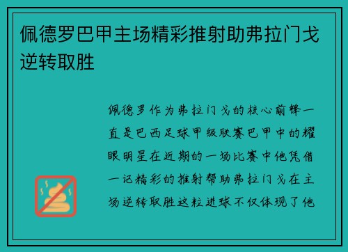 佩德罗巴甲主场精彩推射助弗拉门戈逆转取胜