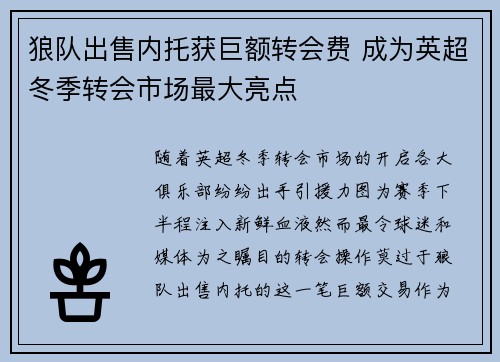 狼队出售内托获巨额转会费 成为英超冬季转会市场最大亮点 狼队出售内托获巨额转会费 成为英超冬季转会市场最大亮点